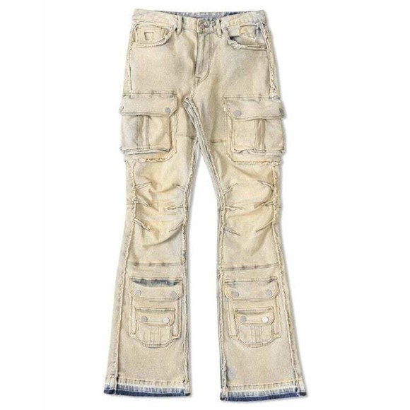 Men Stacked Jeans Multi Cargo Pockets Denim Pants on - Picture 6 of 14